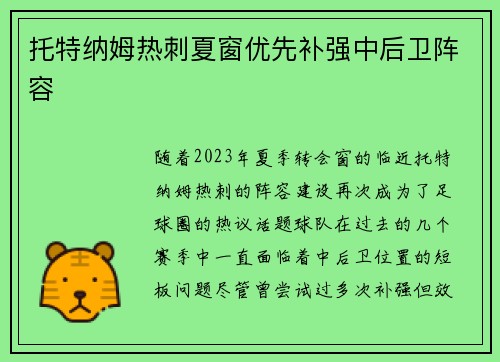 托特纳姆热刺夏窗优先补强中后卫阵容