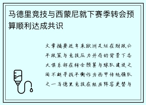 马德里竞技与西蒙尼就下赛季转会预算顺利达成共识
